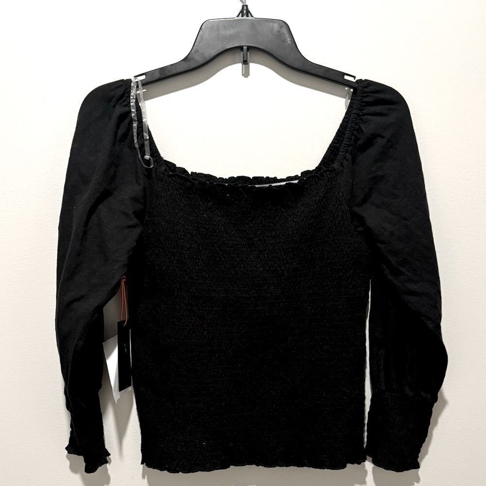 BLACK TAPE Petite Smocked Top Long Sleeve ruffled black top, size petite M - Picture 5 of 6
